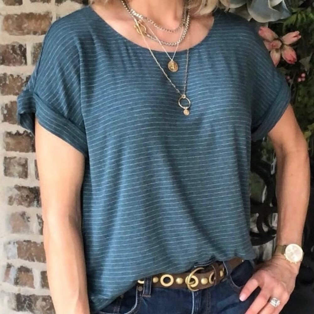 CAbi | Women’s Sz XS Green/Blue Stripe Groove Summer Preppy Short Sleeve Top